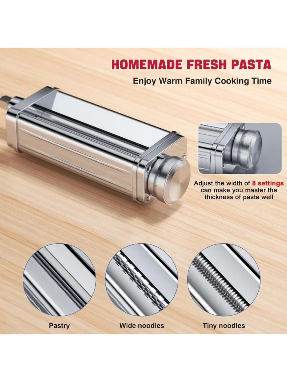 3PCS Stainless Steel Pasta Maker Set for Stand Mixers, Adjustable Thickness